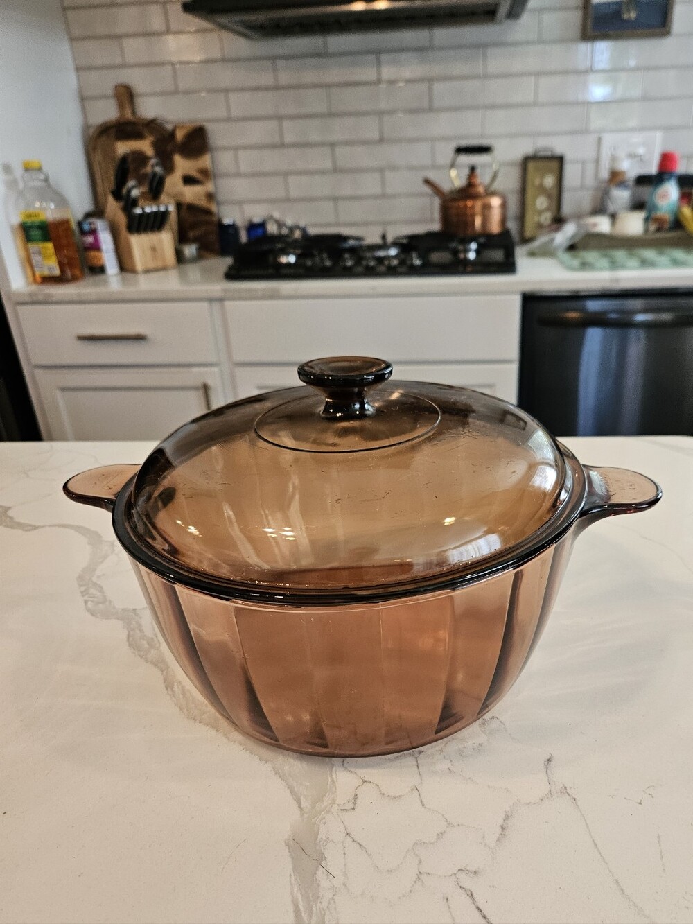 Vtg Vision Corning Ware Pyrex Amber 4.5L 5qt Glass Dutch Oven Stock Pot Lid Usa